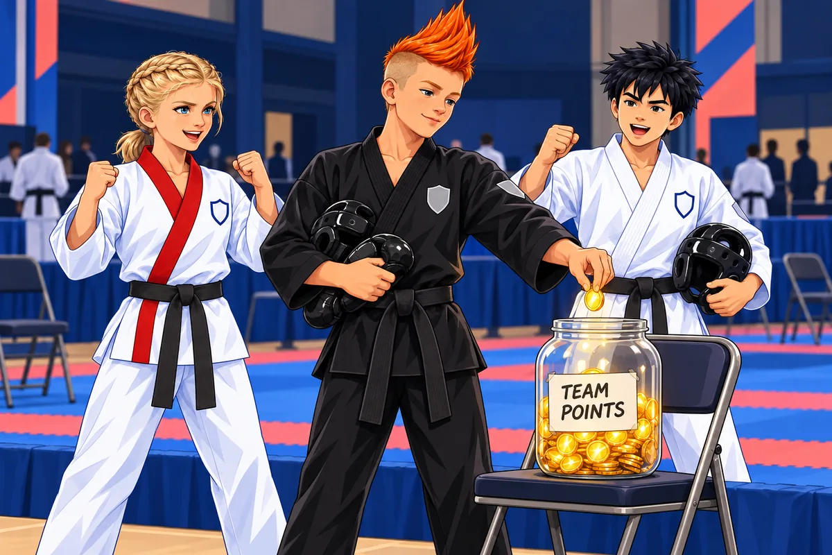 A teen athlete in a black uniform drops a glowing gold token into a glass jar labelled Team Points while two teammates cheer