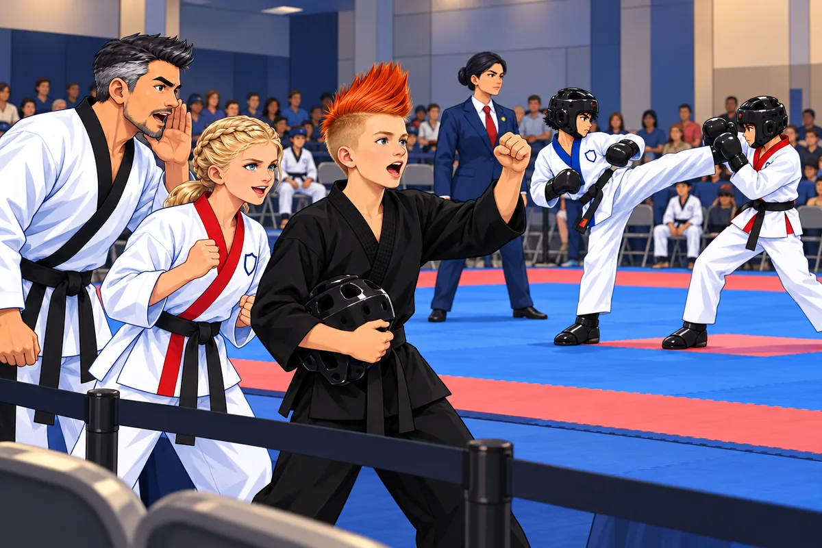 Three teammates in sparring gear cheer from ringside as one of them fights in an ATA team sparring match