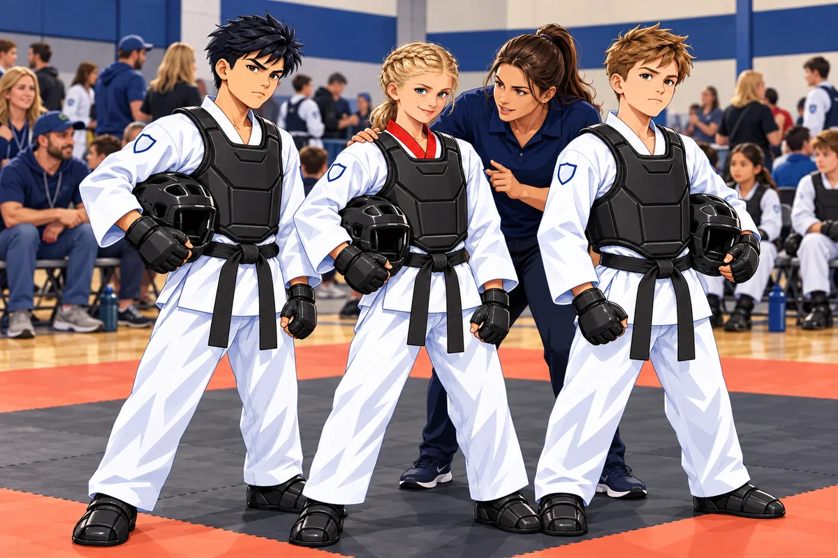 A three-person team of black belts in black sparring gear lines up at the edge of the ring while their coach gives a last word