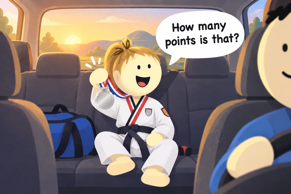 A car on the drive home from a tournament, a 2nd place medal in the back seat and a speech bubble asking how many points it is