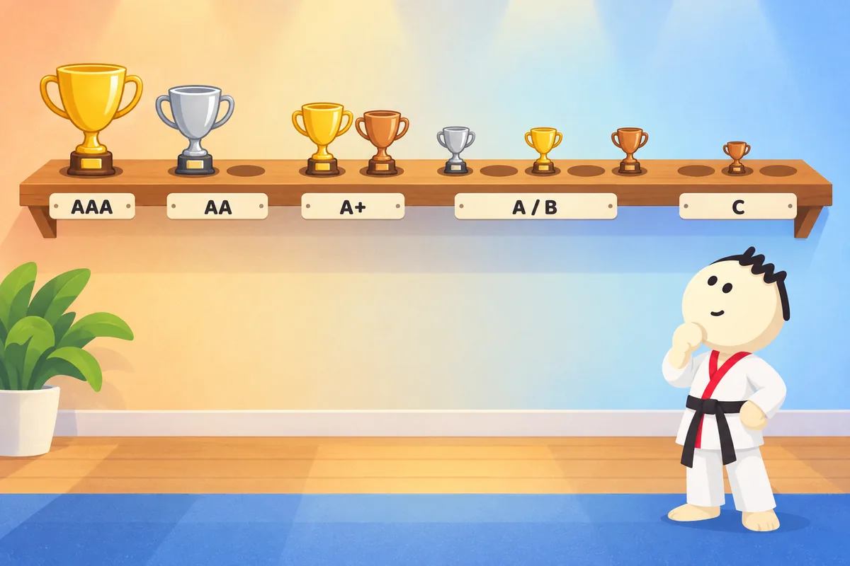 One shelf with 13 spots in five labeled groups: 1 AAA, 2 AA, 2 A+, 5 regional (A and B), 3 in-school (C)
