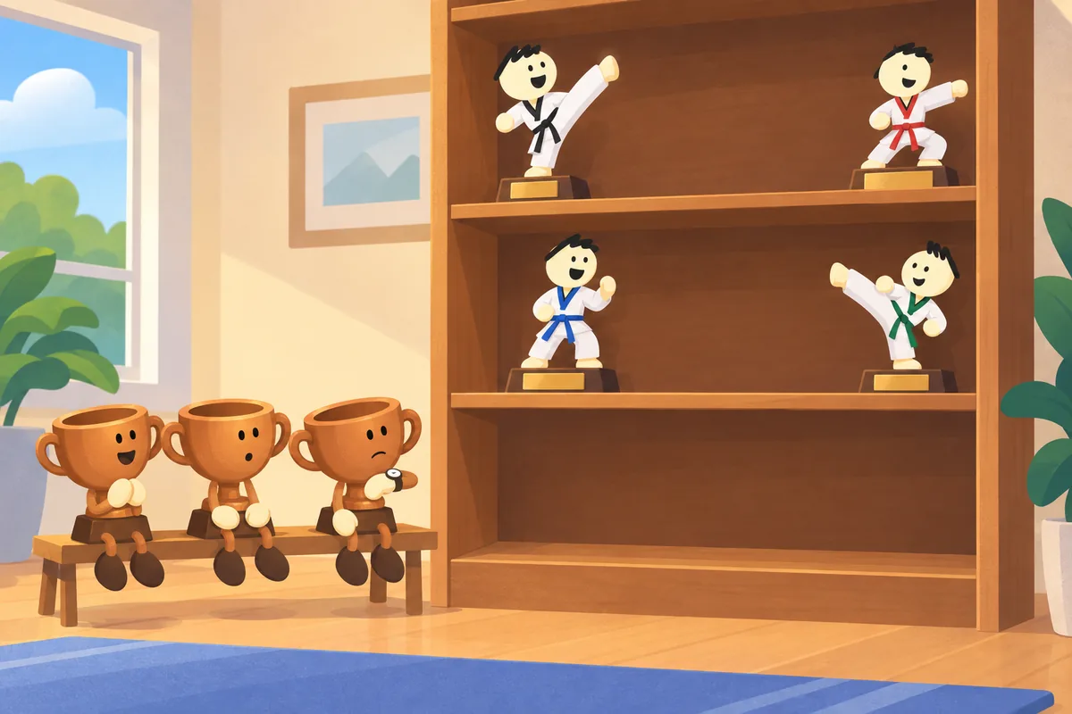 The in-school spots at the bottom of the shelf, with trophies waiting beside them until the shelves above hold as many points