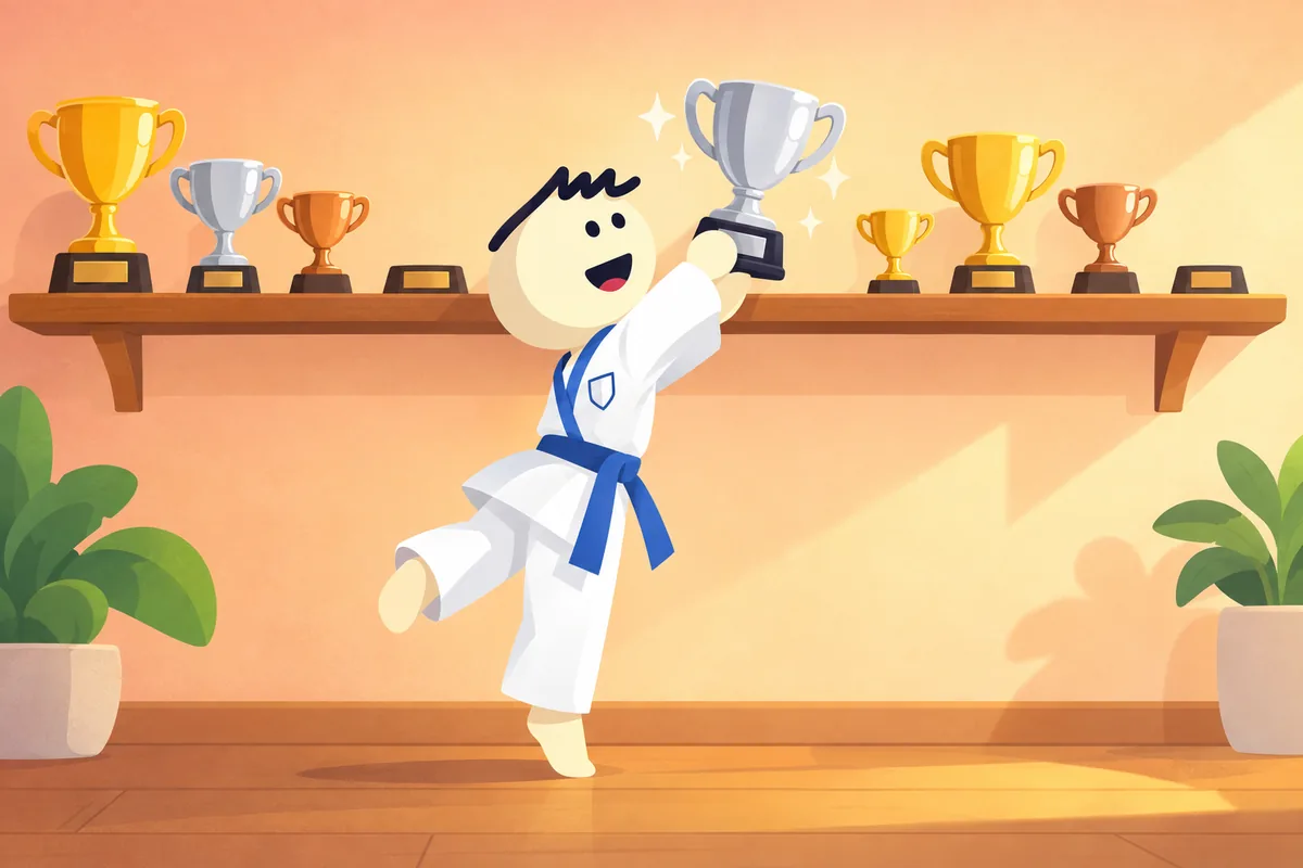 A cheerful athlete in a white uniform places a silver trophy on a long trophy shelf