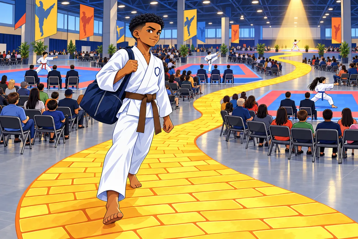An athlete in a white uniform steps onto a yellow brick path that runs across a tournament hall toward a distant ring
