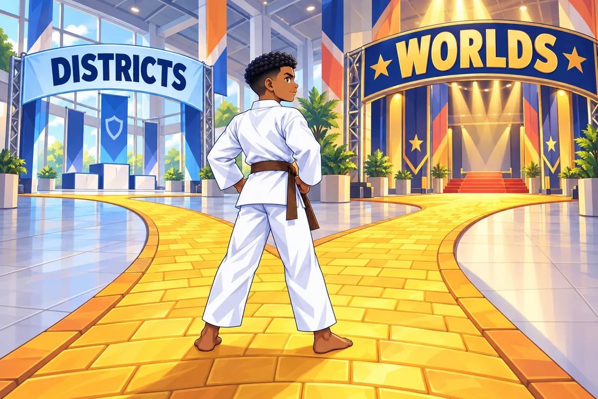 An athlete stands where a yellow brick road splits, one branch to Districts and one to Worlds