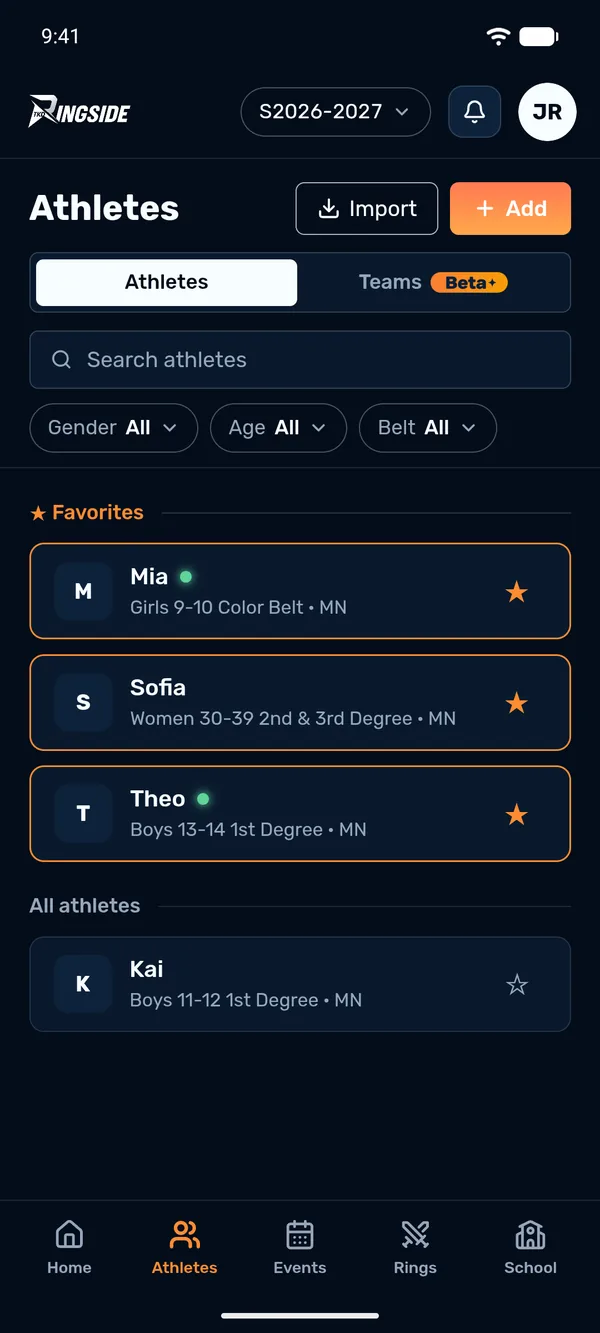 TKD Companion athlete list with three starred athletes followed side by side