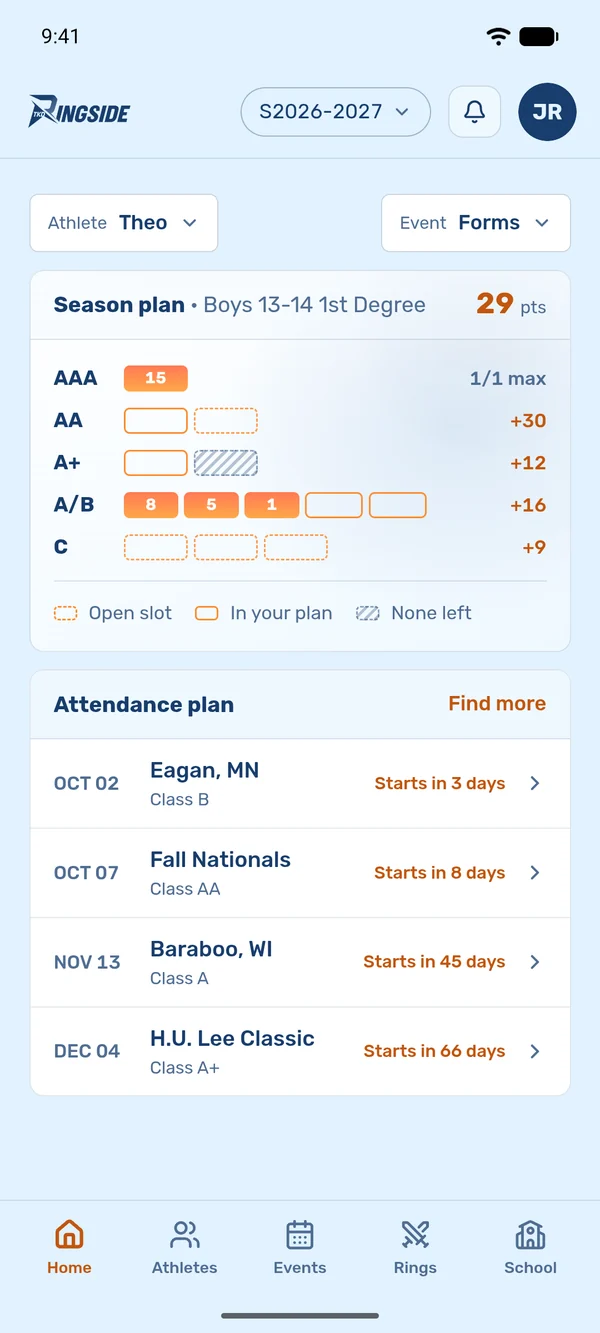 TKD Companion home screen: an athlete's season plan by tournament class, and the starred tournaments coming up