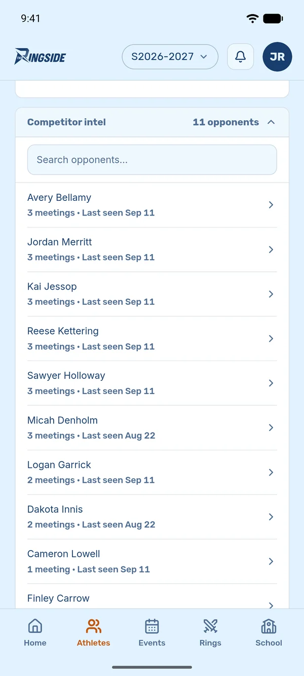 TKD Companion competitor intel: every opponent an athlete has met this season, with how many times and when