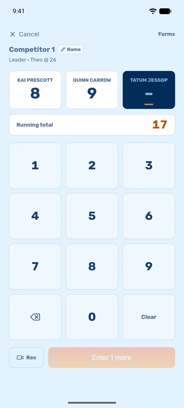 TKD Companion score pad with two of three judges' scores entered and the running total