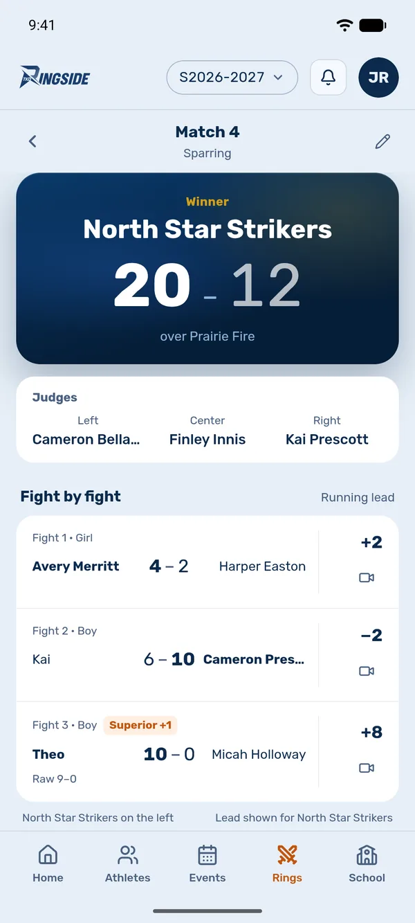 A team sparring match in TKD Companion: the winning team, the judges and every fight's score with the running lead