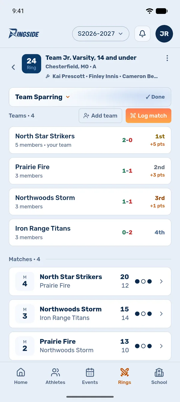 A team sparring ring in TKD Companion: each team's record, place and team points, and the matches below